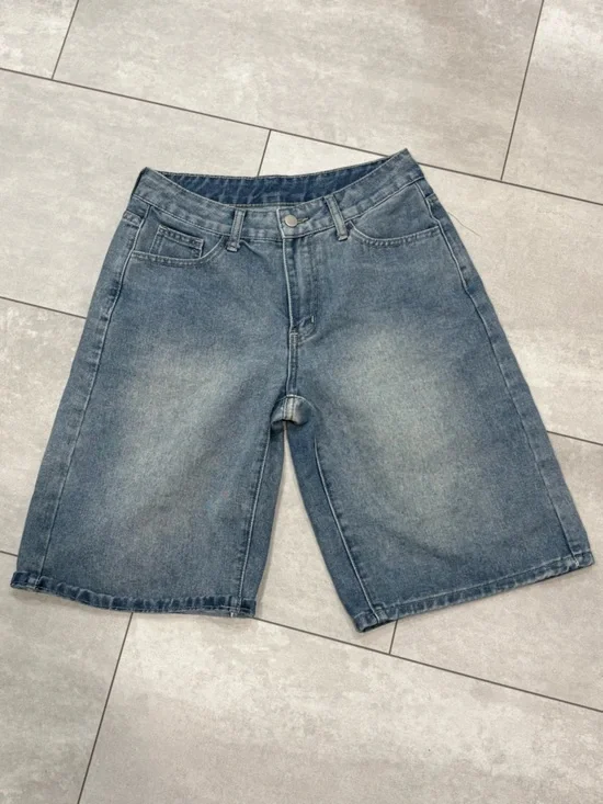 High-Rise Wide Leg Denim Shorts - Blue Wash - Picture 1 of 2